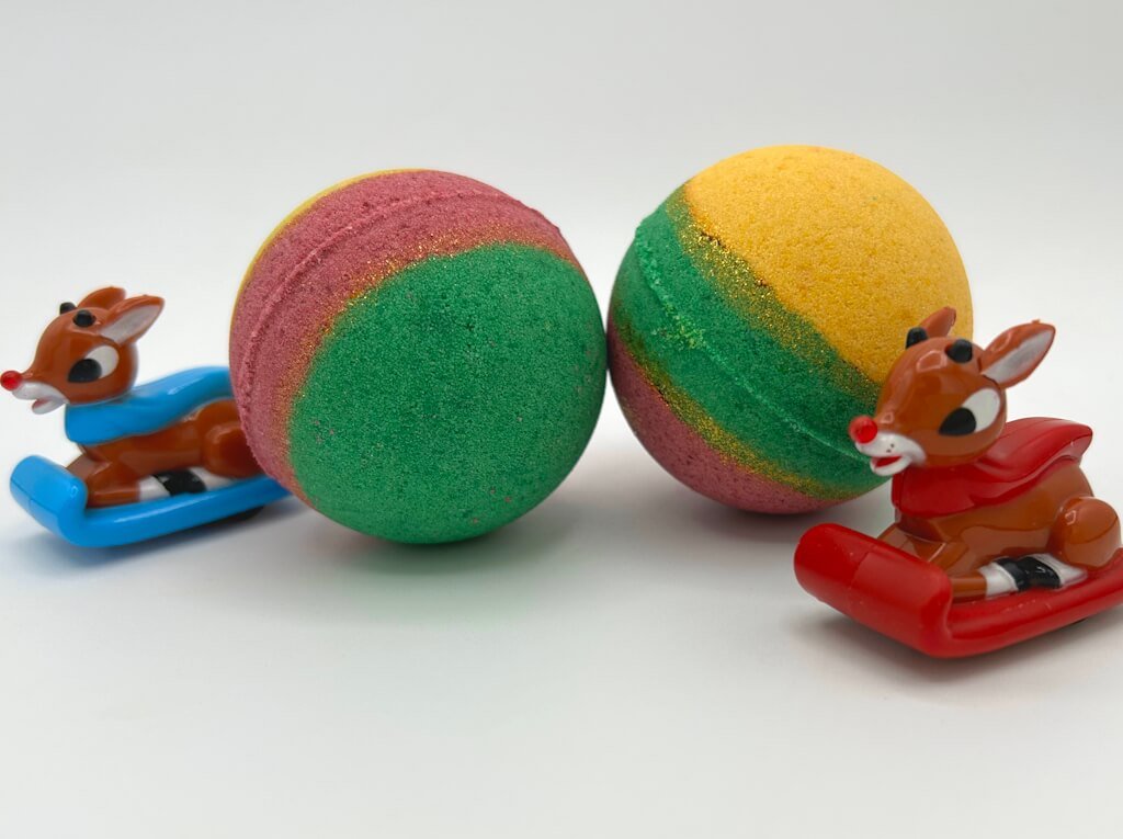 Holiday Kids Bath Bomb with Reindeer Racer Inside - Maroon/Gold/Green - Berwyn Betty's Bath & Body Shop