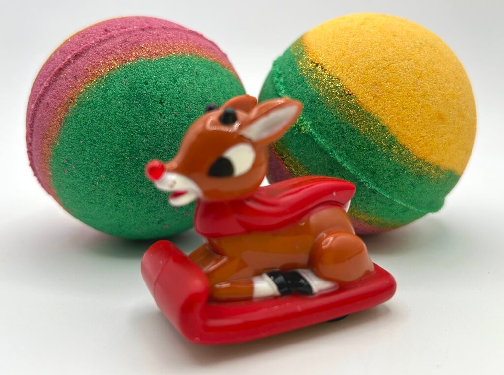 Holiday Kids Bath Bomb with Reindeer Racer Inside - Maroon/Gold/Green - Berwyn Betty's Bath & Body Shop