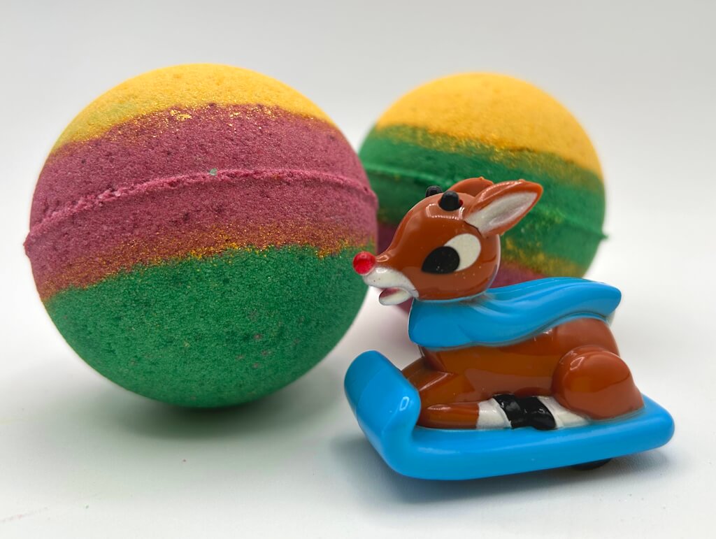 Holiday Kids Bath Bomb with Reindeer Racer Inside - Maroon/Gold/Green - Berwyn Betty's Bath & Body Shop