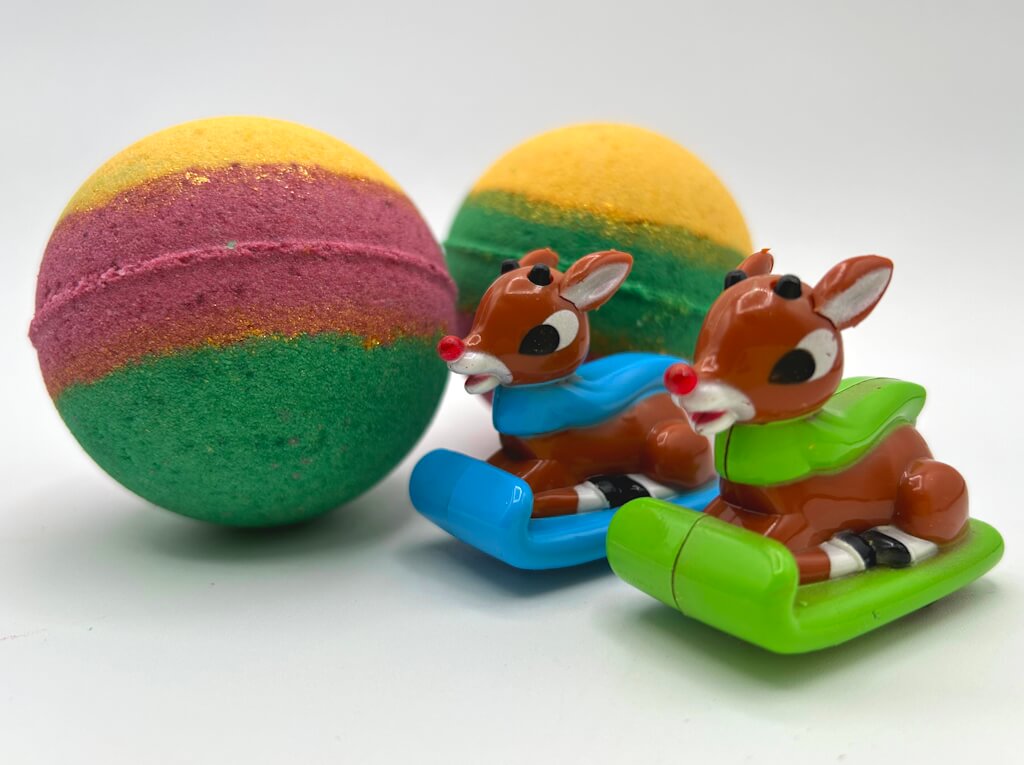 Holiday Kids Bath Bomb with Reindeer Racer Inside - Maroon/Gold/Green - Berwyn Betty's Bath & Body Shop