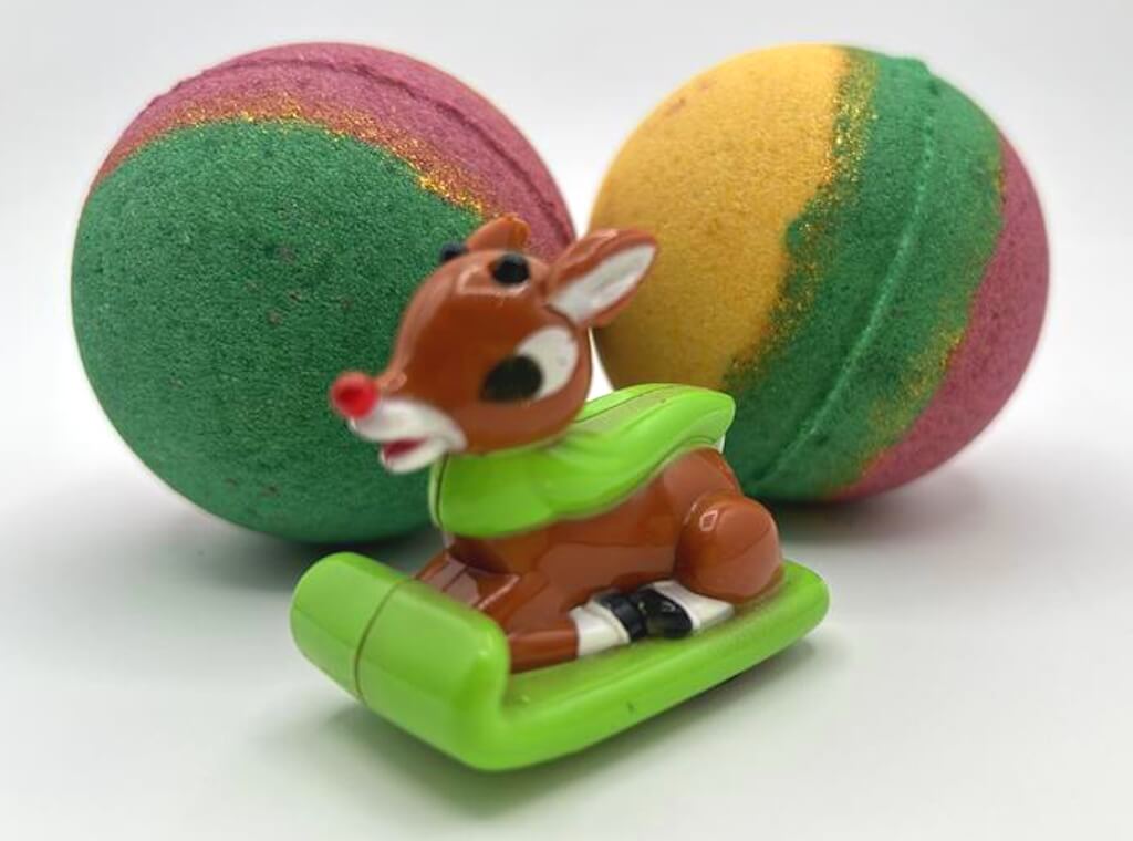 Holiday Kids Bath Bomb with Reindeer Racer Inside - Maroon/Gold/Green - Berwyn Betty's Bath & Body Shop