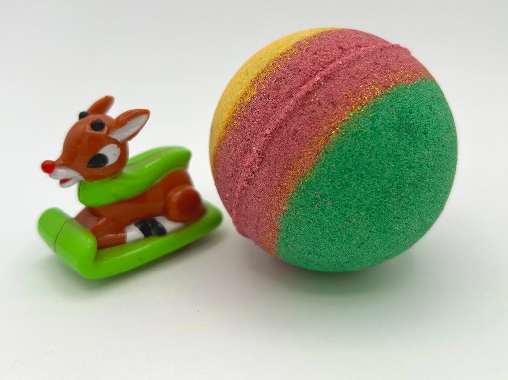 Holiday Kids Bath Bomb with Reindeer Racer Inside - Maroon/Gold/Green - Berwyn Betty's Bath & Body Shop