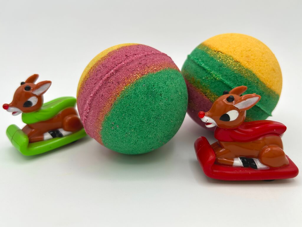 Holiday Kids Bath Bomb with Reindeer Racer Inside - Maroon/Gold/Green - Berwyn Betty's Bath & Body Shop