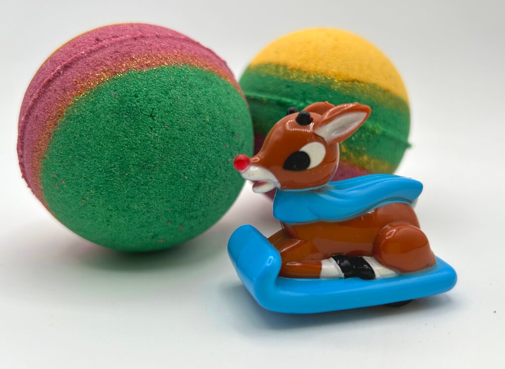 Holiday Kids Bath Bomb with Reindeer Racer Inside - Maroon/Gold/Green - Berwyn Betty's Bath & Body Shop