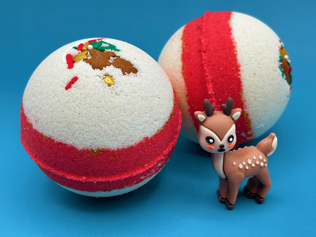 Holiday Kids Bath Bomb with Reindeer Toy Inside - White/Red - Berwyn Betty's Bath & Body Shop