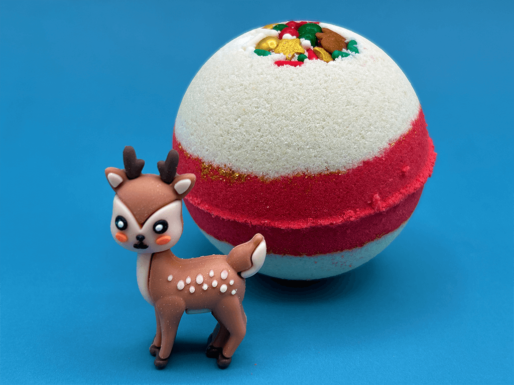 Holiday Kids Bath Bomb with Reindeer Toy Inside - White/Red - Berwyn Betty's Bath & Body Shop