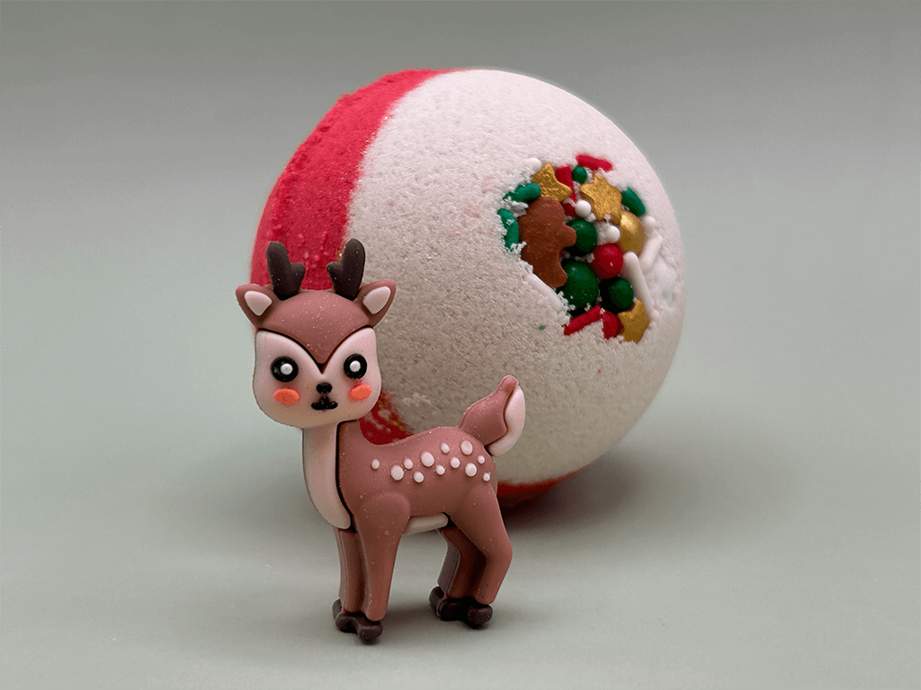 Holiday Kids Bath Bomb with Reindeer Toy Inside - White/Red - Berwyn Betty's Bath & Body Shop