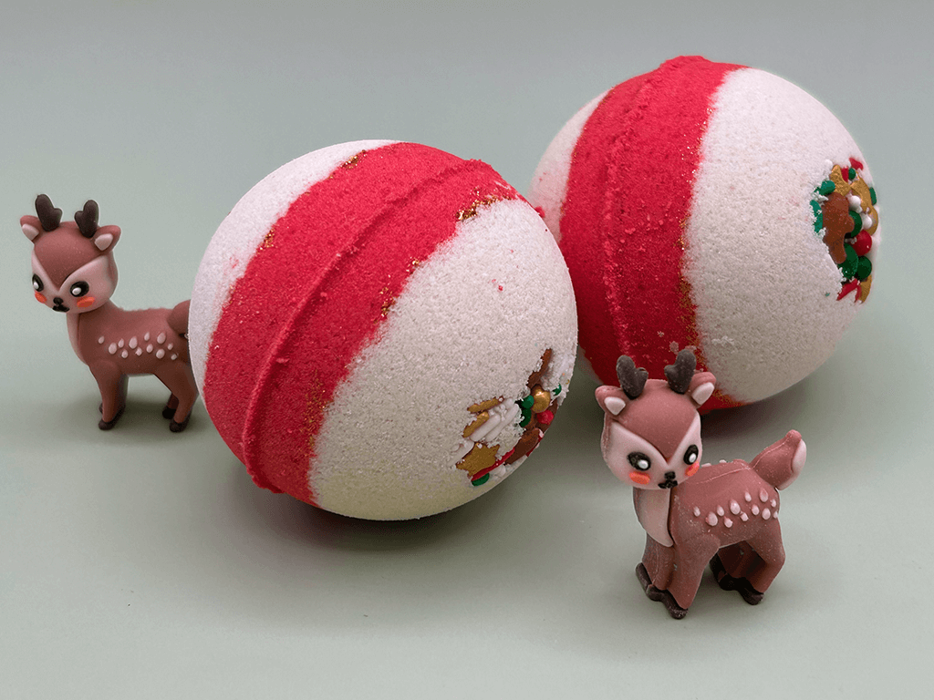 Holiday Kids Bath Bomb with Reindeer Toy Inside - White/Red - Berwyn Betty's Bath & Body Shop