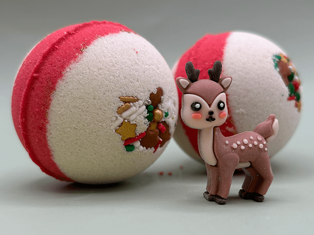 Holiday Kids Bath Bomb with Reindeer Toy Inside - White/Red - Berwyn Betty's Bath & Body Shop