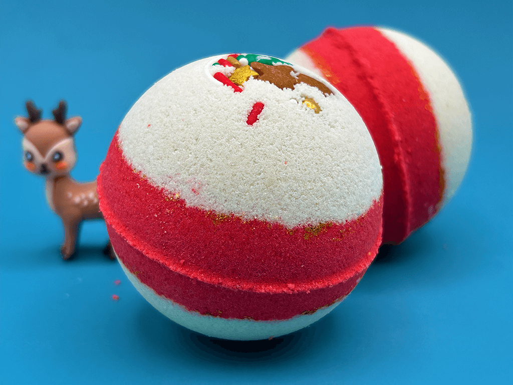 Holiday Kids Bath Bomb with Reindeer Toy Inside - White/Red - Berwyn Betty's Bath & Body Shop