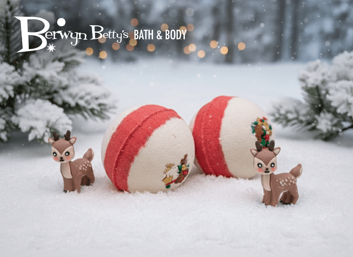 Holiday Kids Bath Bomb with Reindeer Toy Inside - White/Red - Berwyn Betty's Bath & Body Shop