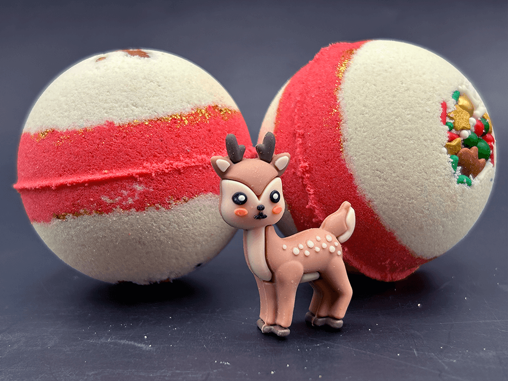 Holiday Kids Bath Bomb with Reindeer Toy Inside - White/Red - Berwyn Betty's Bath & Body Shop