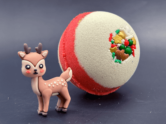 Holiday Kids Bath Bomb with Reindeer Toy Inside - White/Red - Berwyn Betty's Bath & Body Shop