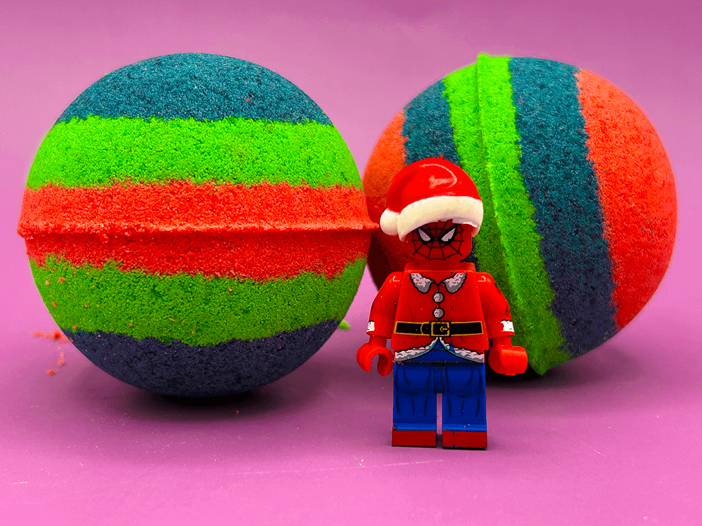 Holiday Spiderman Kids Bath Bomb with Christmas Edition Spiderman Minifigure Inside - Berwyn Betty's Bath & Body Shop