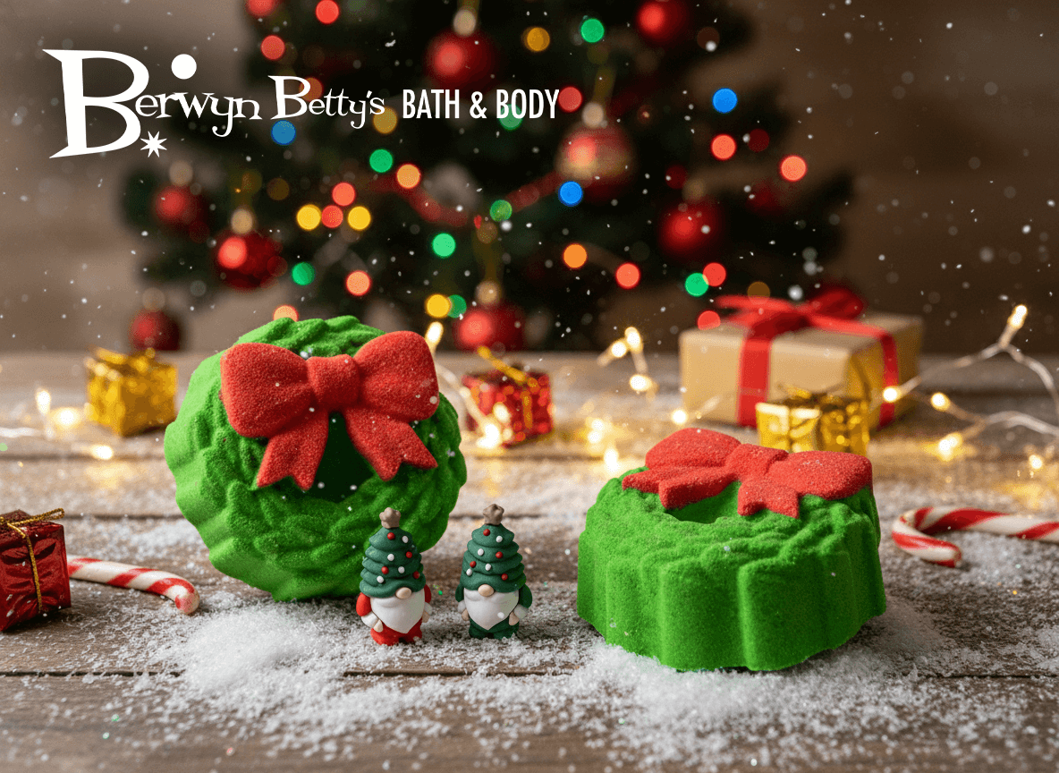 Holiday Wreath Kids Bath Bomb with Christmas Gnome Inside - Berwyn Betty's Bath & Body Shop