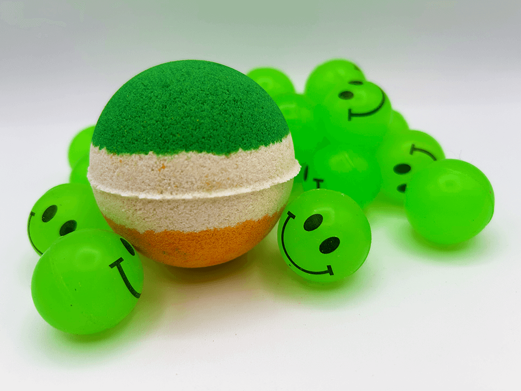 Irish Flag Striped Kids Bath Bomb with Smiley Face Bouncy Ball Inside - Berwyn Betty's Bath & Body Shop