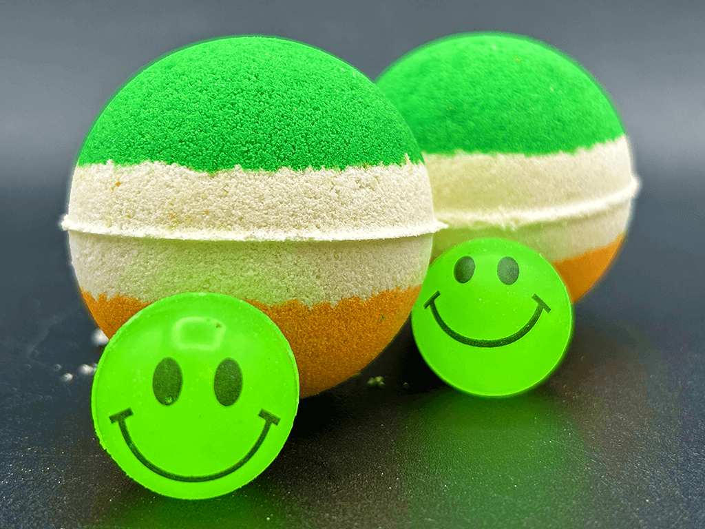 Irish Flag Striped Kids Bath Bomb with Smiley Face Bouncy Ball Inside - Berwyn Betty's Bath & Body Shop