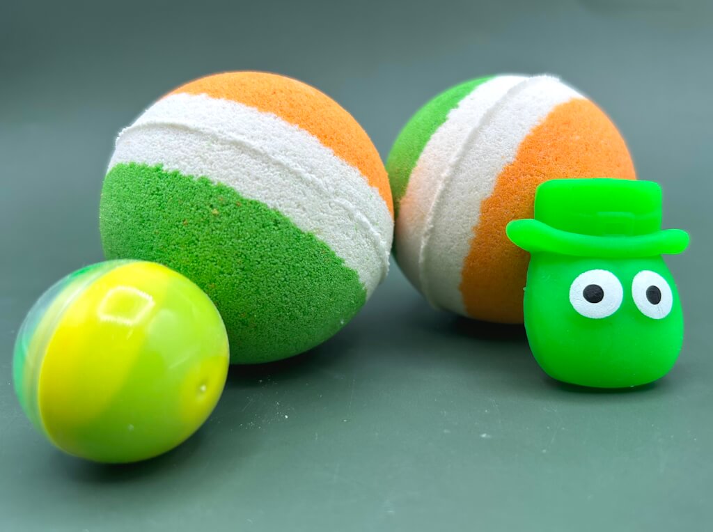 Irish Flag Striped Kids Bath Bomb with St Patrick’s Squishy Fidget Toy Inside - Berwyn Betty's Bath & Body Shop