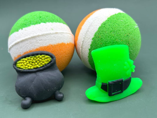 Irish Flag Striped Kids Bath Bomb with St Patrick’s Squishy Fidget Toy Inside - Berwyn Betty's Bath & Body Shop