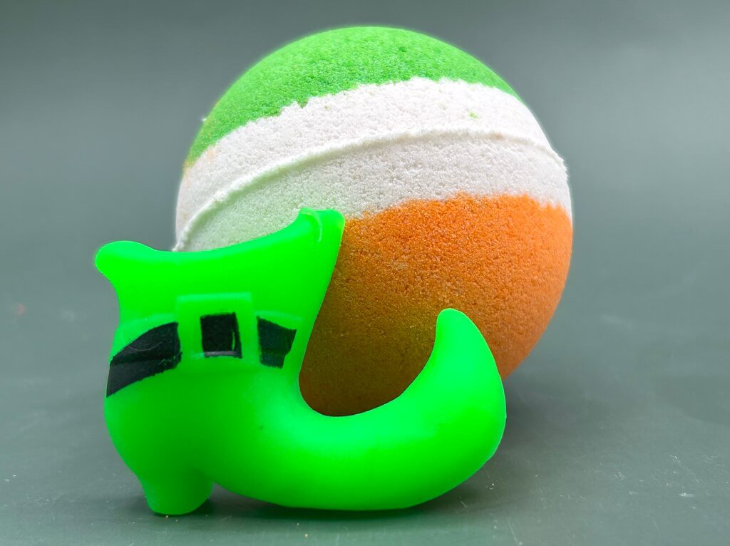 Irish Flag Striped Kids Bath Bomb with St Patrick’s Squishy Fidget Toy Inside - Berwyn Betty's Bath & Body Shop