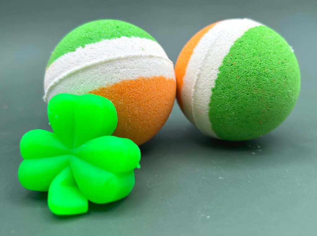 Irish Flag Striped Kids Bath Bomb with St Patrick’s Squishy Fidget Toy Inside - Berwyn Betty's Bath & Body Shop