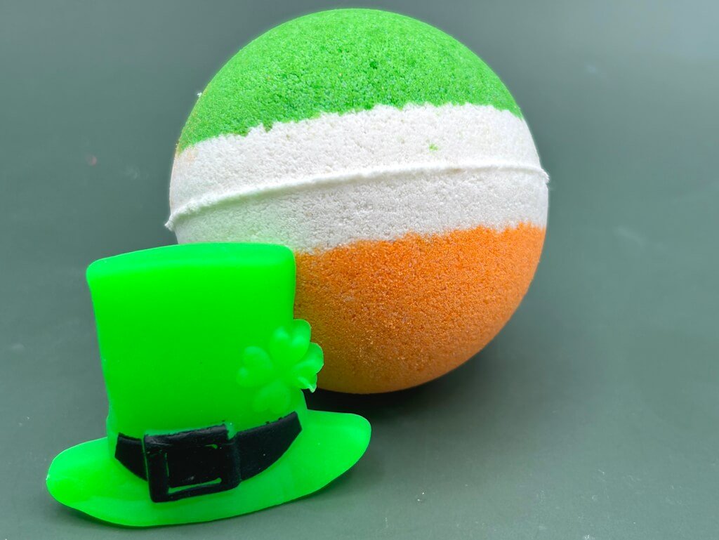 Irish Flag Striped Kids Bath Bomb with St Patrick’s Squishy Fidget Toy Inside - Berwyn Betty's Bath & Body Shop