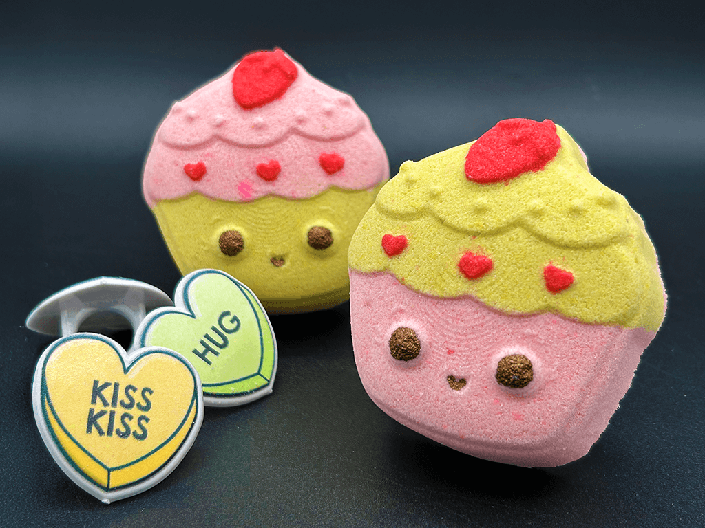 KAWAII CUPCAKE Kids Bath Bomb with Valentines Conversation Heart Ring Inside - Berwyn Betty's Bath & Body Shop