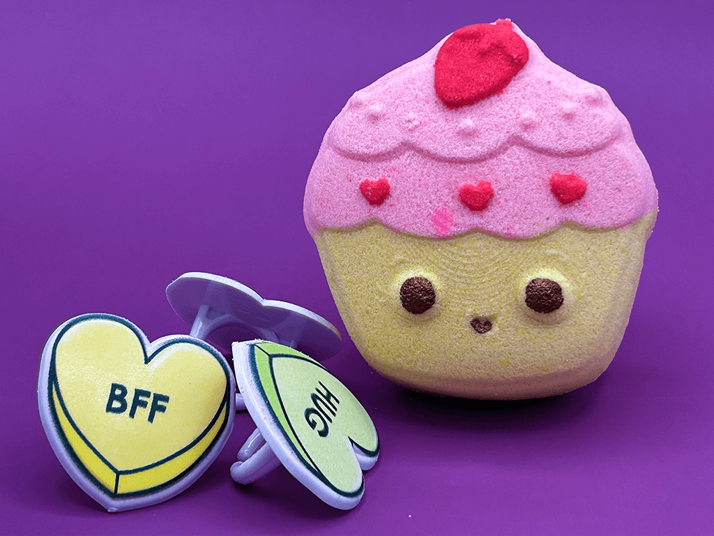 KAWAII CUPCAKE Kids Bath Bomb with Valentines Conversation Heart Ring Inside - Berwyn Betty's Bath & Body Shop