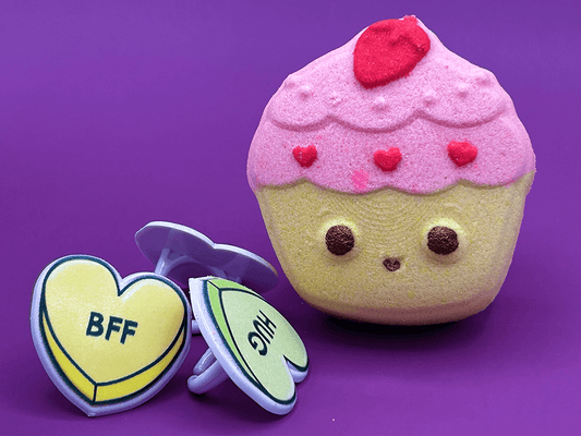 KAWAII CUPCAKE Kids Bath Bomb with Valentines Conversation Heart Ring Inside - Berwyn Betty's Bath & Body Shop