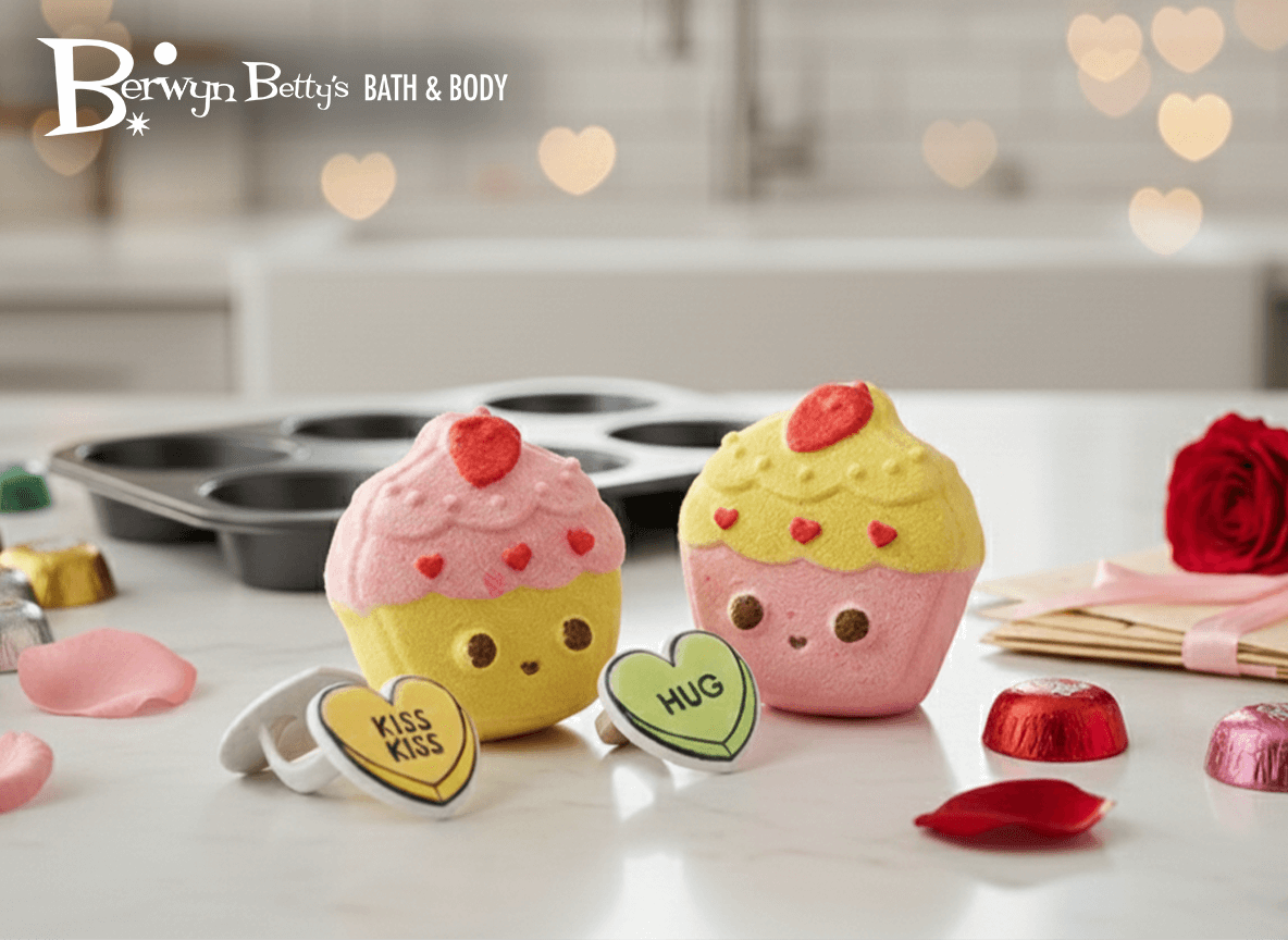 KAWAII CUPCAKE Kids Bath Bomb with Valentines Conversation Heart Ring Inside - Berwyn Betty's Bath & Body Shop