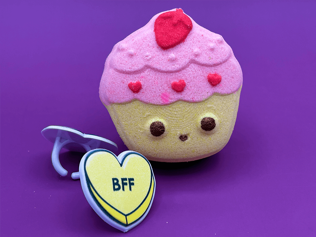 KAWAII CUPCAKE Kids Bath Bomb with Valentines Conversation Heart Ring Inside - Berwyn Betty's Bath & Body Shop