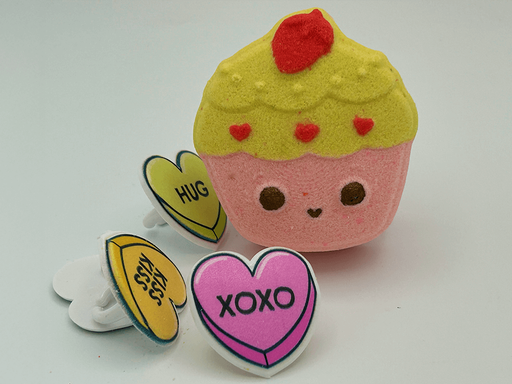 KAWAII CUPCAKE Kids Bath Bomb with Valentines Conversation Heart Ring Inside - Berwyn Betty's Bath & Body Shop