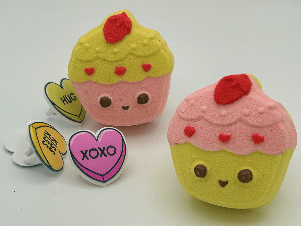 KAWAII CUPCAKE Kids Bath Bomb with Valentines Conversation Heart Ring Inside - Berwyn Betty's Bath & Body Shop
