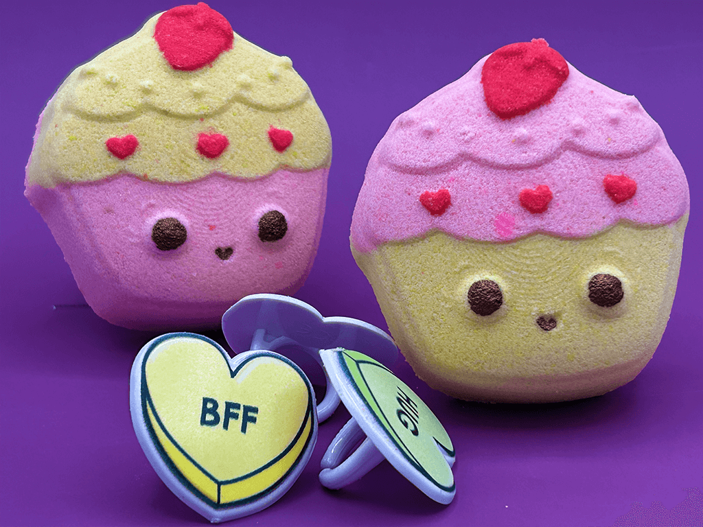 KAWAII CUPCAKE Kids Bath Bomb with Valentines Conversation Heart Ring Inside - Berwyn Betty's Bath & Body Shop
