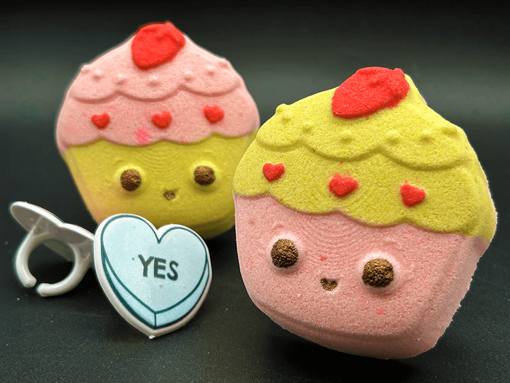 KAWAII CUPCAKE Kids Bath Bomb with Valentines Conversation Heart Ring Inside - Berwyn Betty's Bath & Body Shop