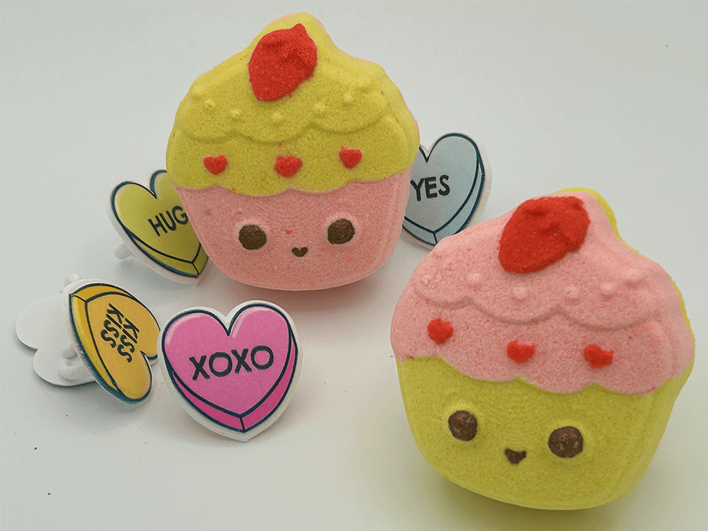 KAWAII CUPCAKE Kids Bath Bomb with Valentines Conversation Heart Ring Inside - Berwyn Betty's Bath & Body Shop