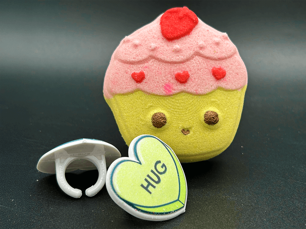 KAWAII CUPCAKE Kids Bath Bomb with Valentines Conversation Heart Ring Inside - Berwyn Betty's Bath & Body Shop