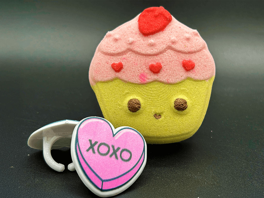 KAWAII CUPCAKE Kids Bath Bomb with Valentines Conversation Heart Ring Inside - Berwyn Betty's Bath & Body Shop
