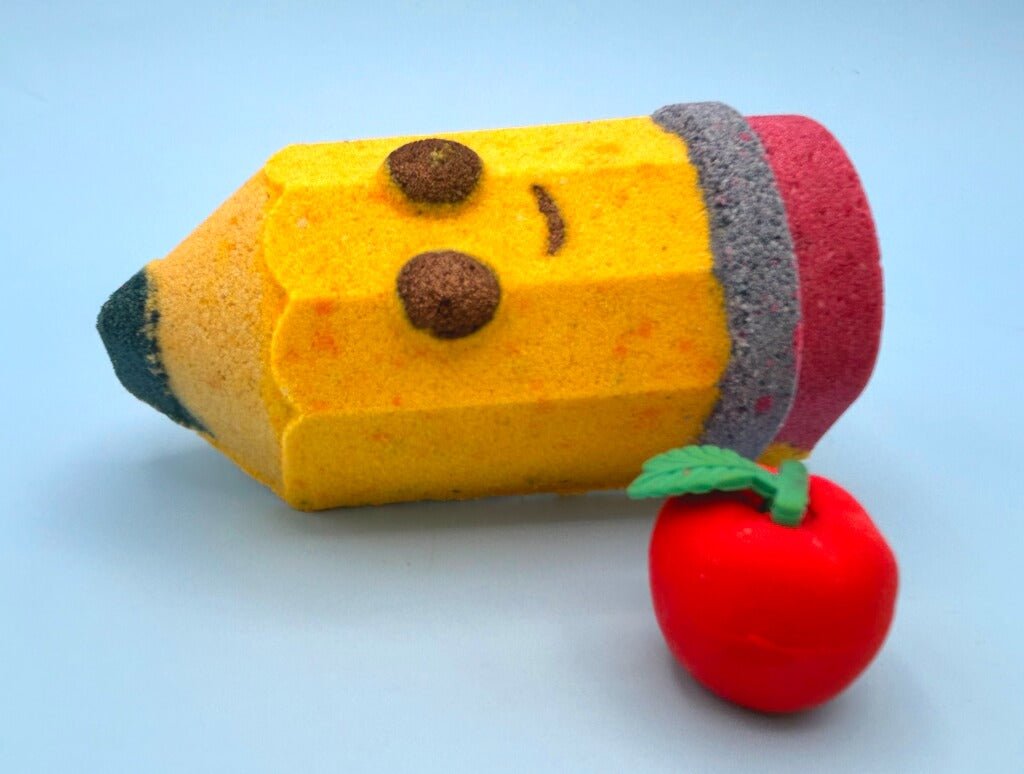 Kawaii Pencil Kids Bath Bomb with Apple Eraser Inside - Berwyn Betty's Bath & Body Shop