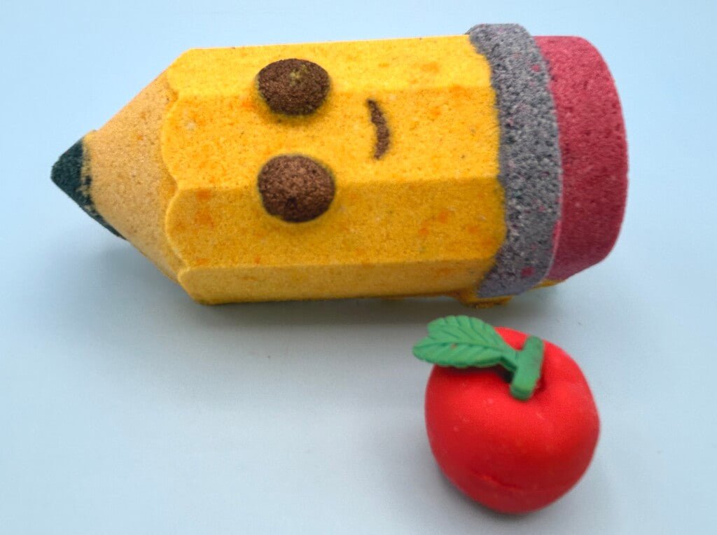 Kawaii Pencil Kids Bath Bomb with Apple Eraser Inside - Berwyn Betty's Bath & Body Shop