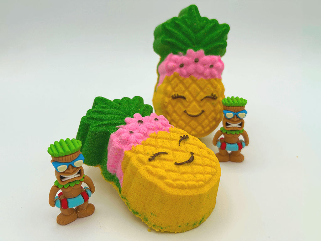 Kawaii Pineapple Kids Bath Bomb with Tiki Statue Inside - Berwyn Betty's Bath & Body Shop