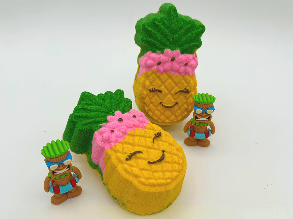 Kawaii Pineapple Kids Bath Bomb with Tiki Statue Inside - Berwyn Betty's Bath & Body Shop