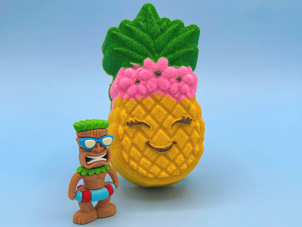 Kawaii Pineapple Kids Bath Bomb with Tiki Statue Inside - Berwyn Betty's Bath & Body Shop
