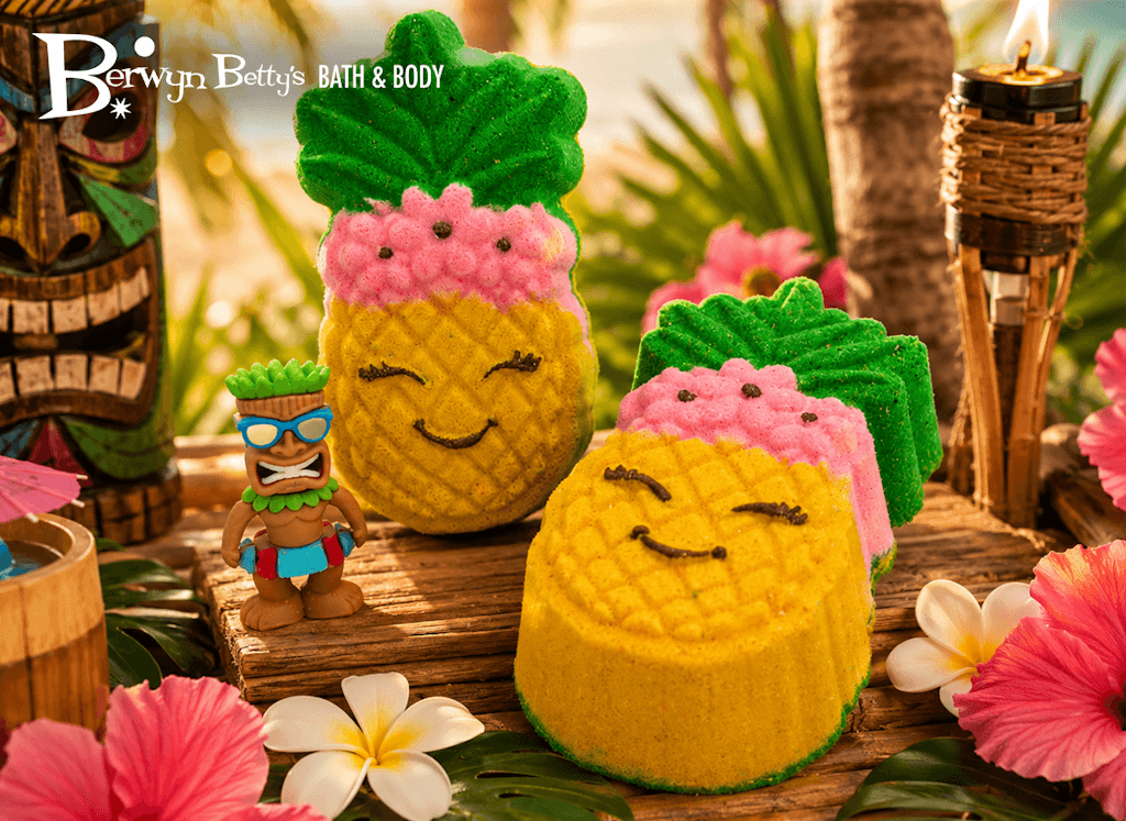 Kawaii Pineapple Kids Bath Bomb with Tiki Statue Inside - Berwyn Betty's Bath & Body Shop