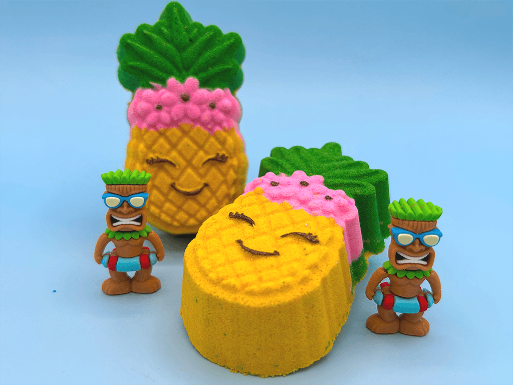 Kawaii Pineapple Kids Bath Bomb with Tiki Statue Inside - Berwyn Betty's Bath & Body Shop