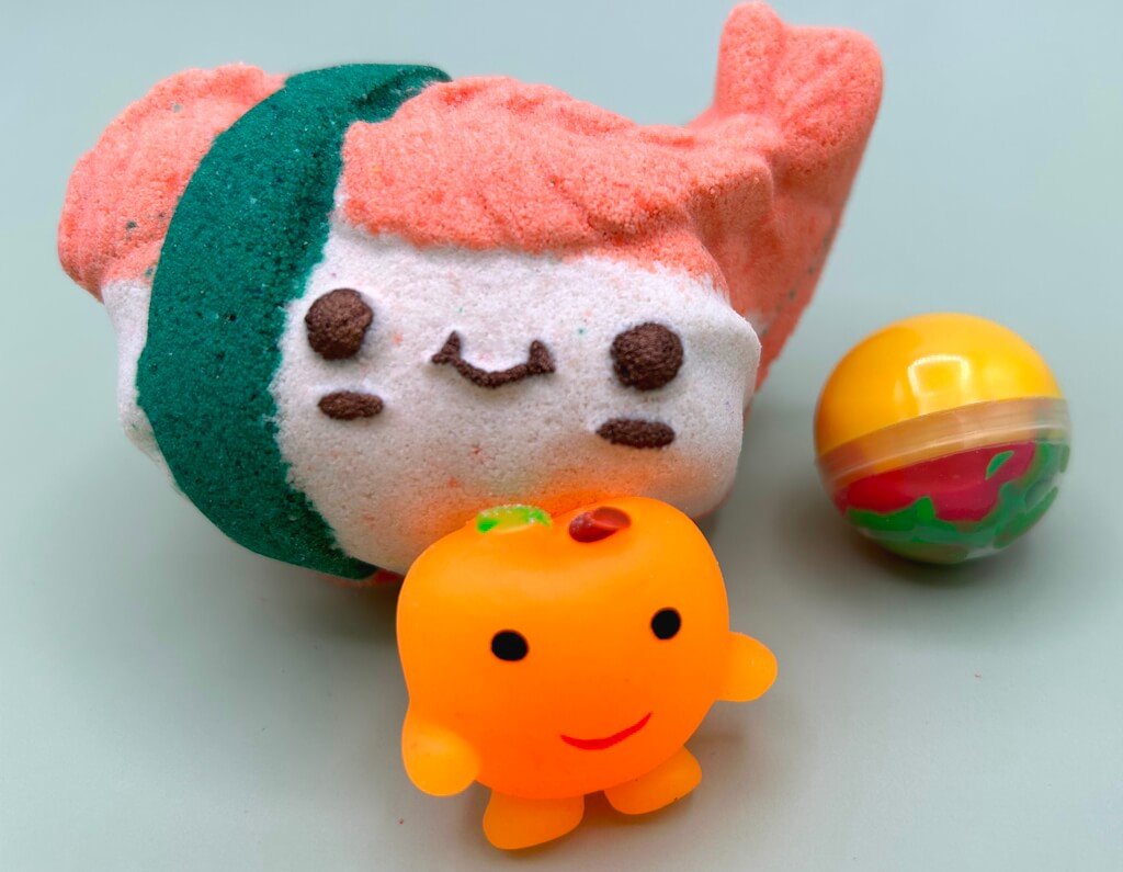 Kawaii Sushi Kids Bath Bomb with Squishy Fruit Fidget Toy Inside - Berwyn Betty's Bath & Body Shop