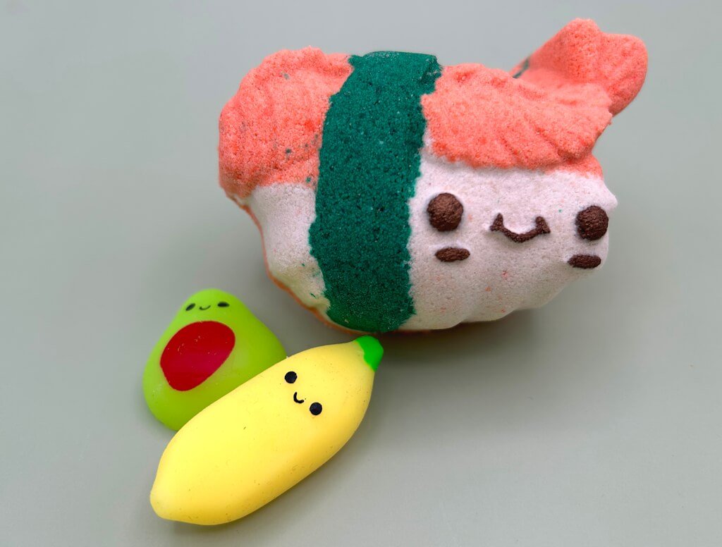 Kawaii Sushi Kids Bath Bomb with Squishy Fruit Fidget Toy Inside