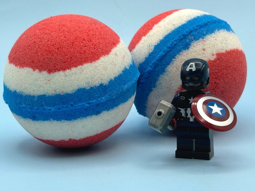 LIMITED EDITION DROP: Captain America Superhero Bath Bomb with Toy Figure Inside - Berwyn Betty's Bath & Body Shop