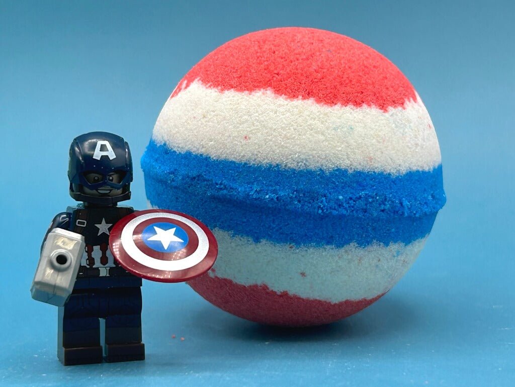 LIMITED EDITION DROP: Captain America Superhero Bath Bomb with Toy Figure Inside - Berwyn Betty's Bath & Body Shop