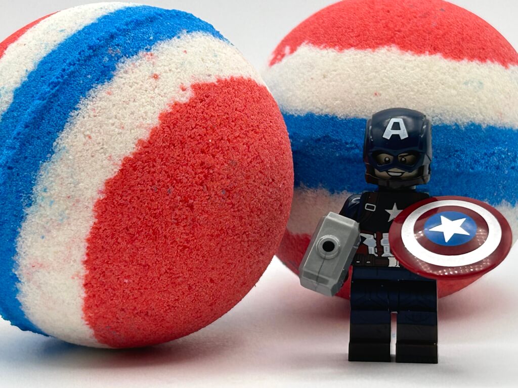 LIMITED EDITION DROP: Captain America Superhero Bath Bomb with Toy Figure Inside - Berwyn Betty's Bath & Body Shop